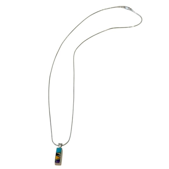 Sterling Silver Multi Gemstone Stone Pendant Necklace Rectangle 20" - Picture 3 of 6